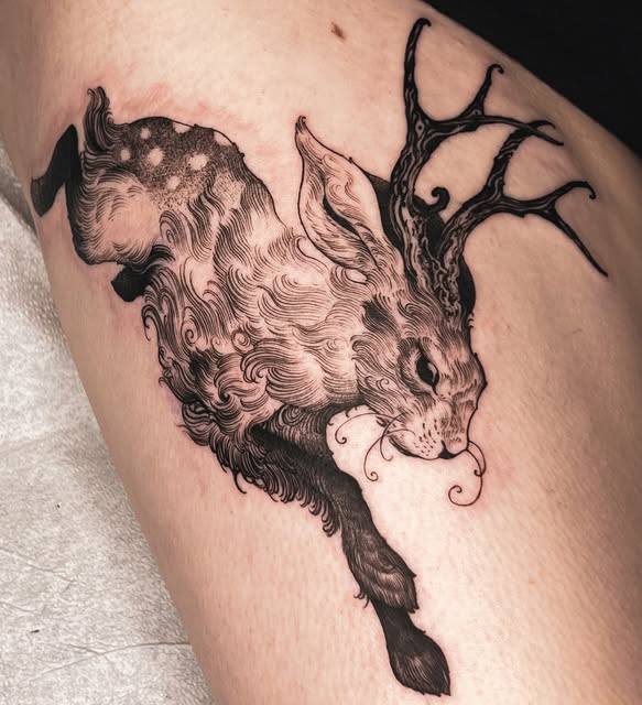 Tattoo of a running horned rabbit-like creature